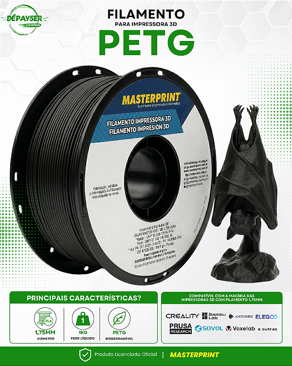 Filamento PETG Preto 1.75mm 1kg para Impressora 3D – Masterprint