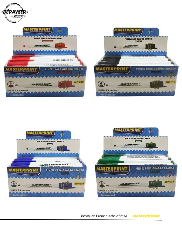 Caneta Pincel Quadro Branco Recarregável Masterprint – 12 Unidades da Mesma Cor