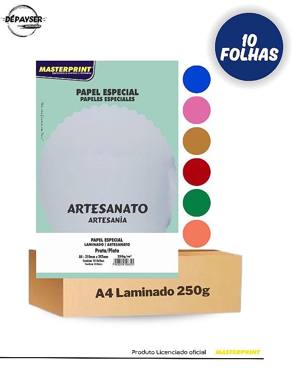 Papel Laminado Liso Colorido A4 250g - 10 Folhas Masterprint 1 Face Premium