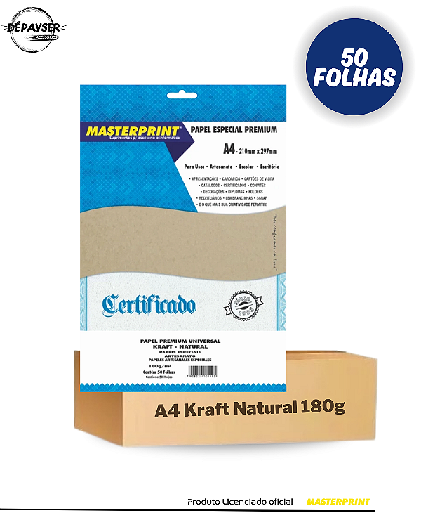 Papel Kraft Natural A4 180g 50 Folhas p/ Impressão Masterprint Premium