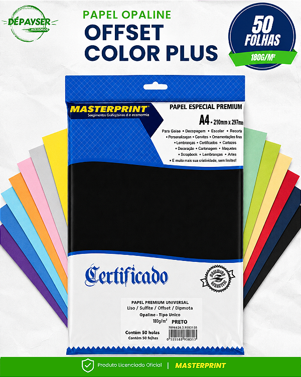 Papel Offset 180g A4 Sulfite Color Plus Opaline Diplomata 50 Folhas Colorido Premium
