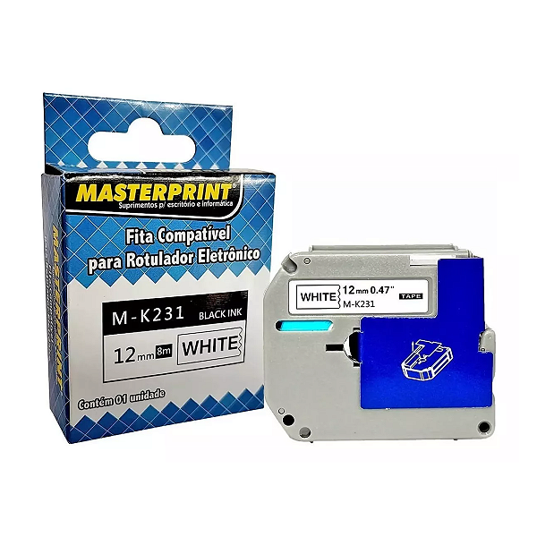 Fita Rotuladora Compatível M-k231  Preto/ Branca - Masterprint 12mmx8m