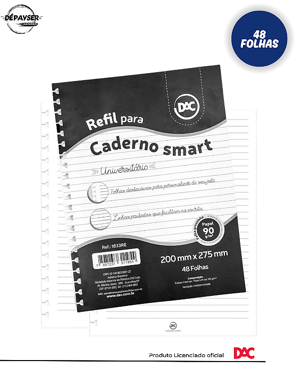 Refil Caderno Smart / universitário Branco Destacável - 48 folhas Dac
