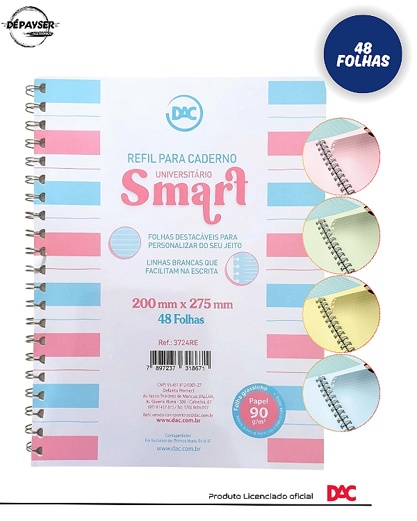 Refil Caderno Smart / universitário Colorido Destacável - 48 folhas Dac