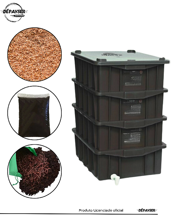 Composteira Doméstica 60 Litros com 4 Módulos – Preta, Ideal para Compostagem de Resíduos Orgânicos