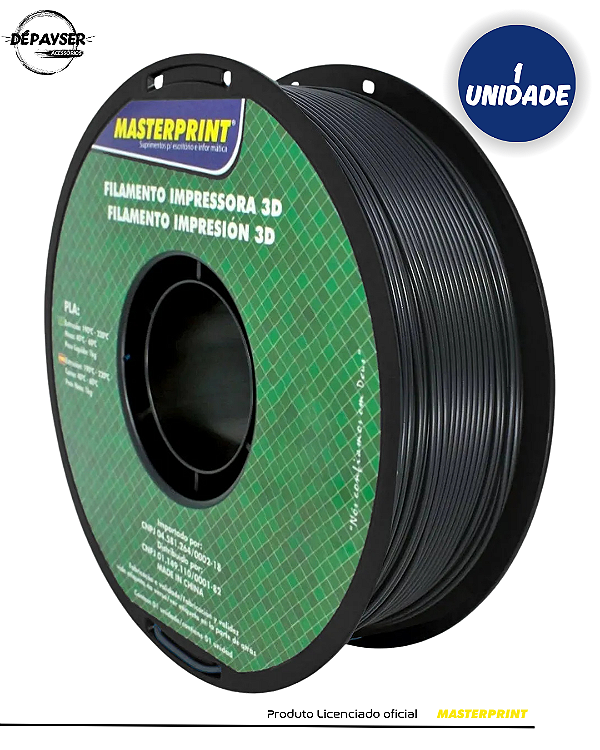 Filamento 3D PLA Preto 1.75mm 1kg Masterprint – Alta Resistência Térmica e Rigidez para Impressão 3D