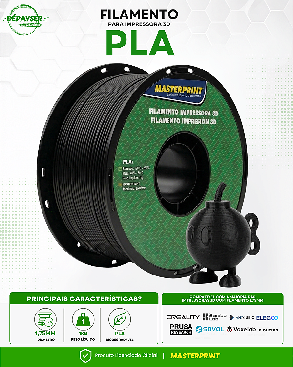 Filamento PLA Preto 1,75mm 1kg Masterprint para Impressora 3D