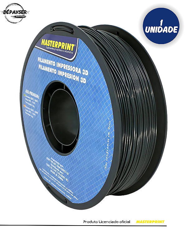 Filamento 3D ABS Preto 1.75mm – 1kg Masterprint Resistente ao Calor e Alta Rigidez