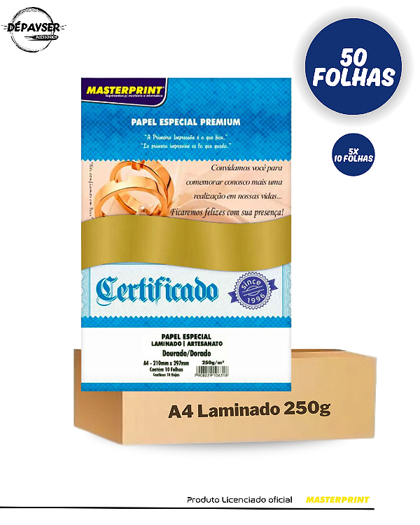 Papel Laminado Liso Dourado A4 250g - 50 Folhas Masterprint 1 Face Premium