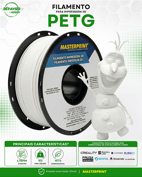 Filamento PETG Branco 1.75mm 1kg para Impressora 3D – Masterprint