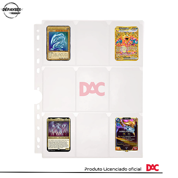 Kit 10 Folhas Plásticas 9 Bolsos DAC para Fichário – Cartas Pokémon, Magic e Colecionáveis