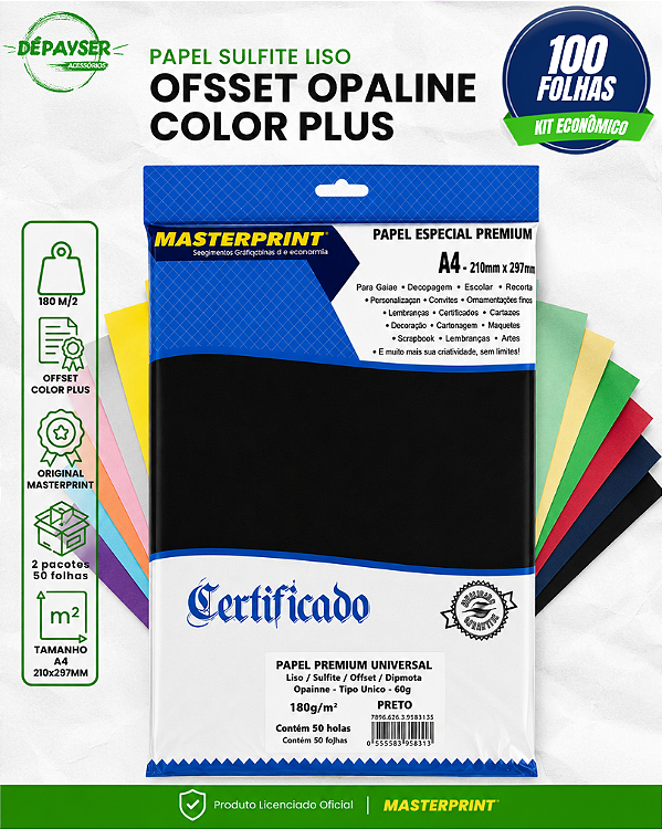 Papel Sulfite Color Plus Opaline offset Diplomata A4 180g – 100 Folhas Colorido Premium