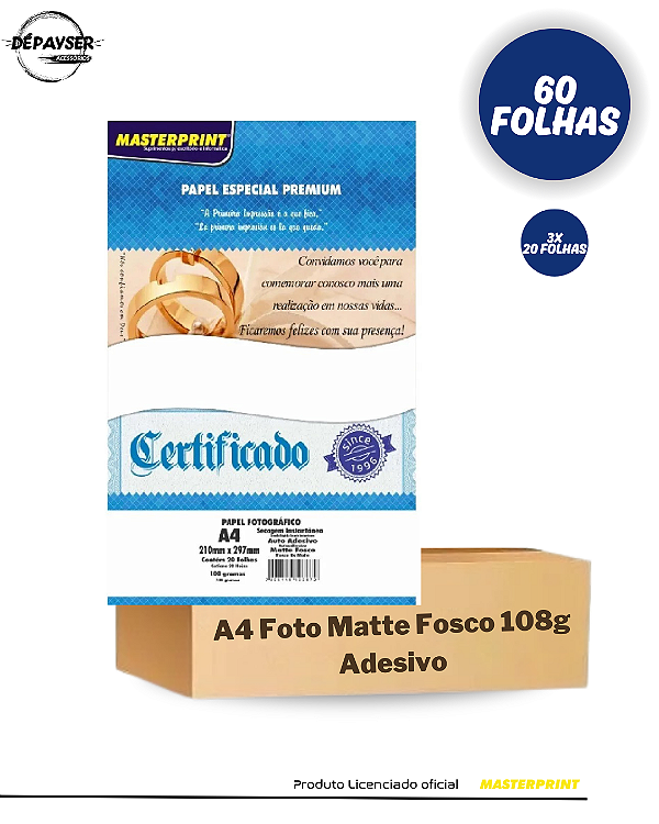 Papel Fotográfico Matte Adesivo A4 108g – 60 Folhas Masterprint Premium