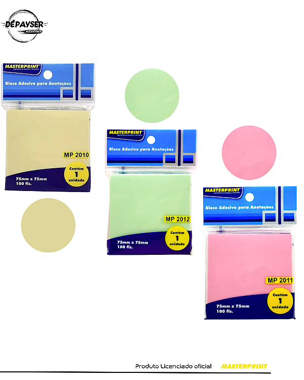 Kit 3 Blocos Post-IT Adesivos 75x75mm Masterprint – 100 Folhas Cada para Anotações