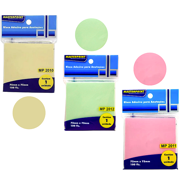 Kit 3 Blocos Post-IT Adesivos 75x75mm Masterprint – 100 Folhas Cada para Anotações