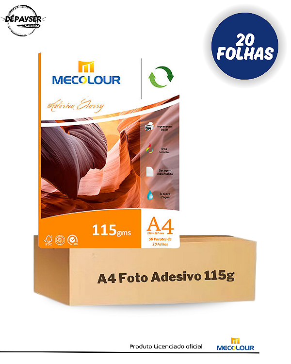 Papel Fotografico Glossy Adesivo A4 115g - 20 Folhas Mecolour