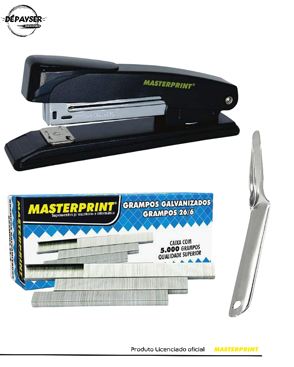 Kit Grampeador Masterprint com 5.000 Grampos 26/6 e Extrator Espátula para Escritório