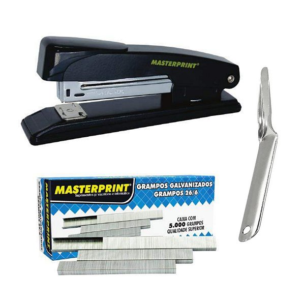 Kit Grampeador Masterprint com 5.000 Grampos 26/6 e Extrator Espátula para Escritório