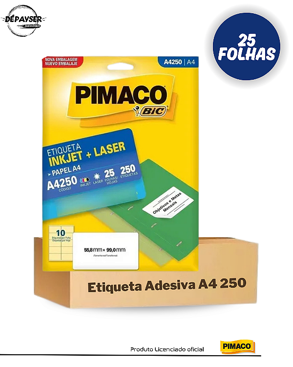 25 Folhas Etiquetas Pimaco A4 - A4250 10 Etiquetas por Folha 99x55,8mm Cor Branco