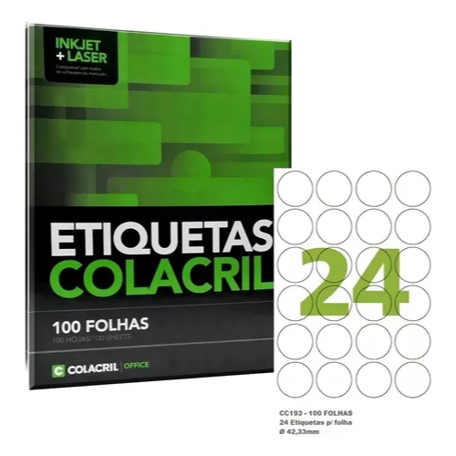 Etiqueta Adesiva Círculo Redonda Cc193 42,33m Colacril 100 Fls 24 etiqueta por folha Cor Branco