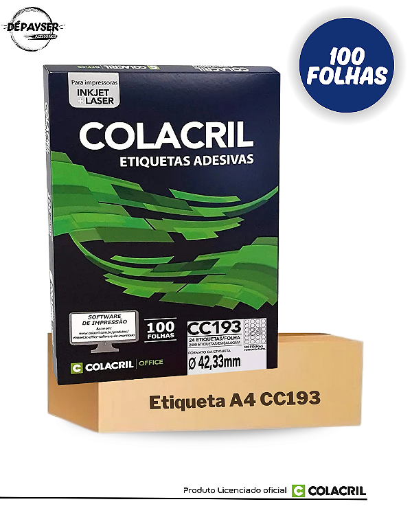 Etiqueta Adesiva Redonda Círculo Cc193 42,33mm Colacril 100 Folhas 24 Etiquetas por Folha 2400 Etiquetas p/ Jato de tinta ou Laser