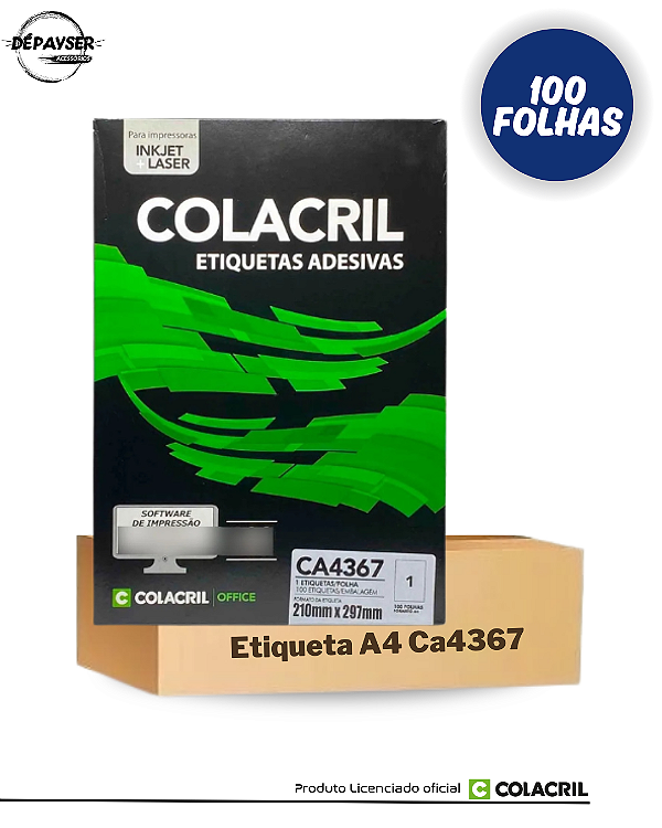 Etiqueta Impressora A4 210 X 297mm 100 Fls 1 etiqueta por folha Ca4367 Colacril Cor Branco