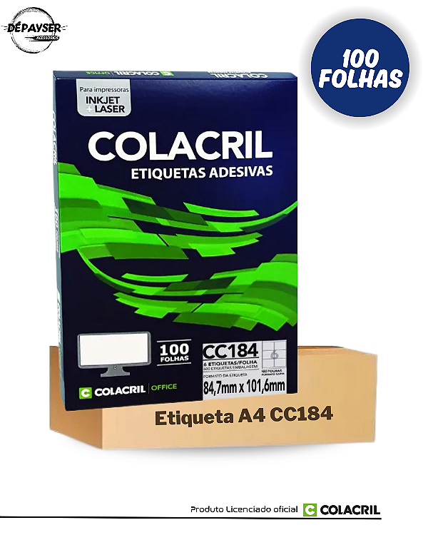 Etiqueta Colacril Cc184 (84,7x101,6) 6 etiquetas por folha - Cx C/ 100 Folhas Cor Branco