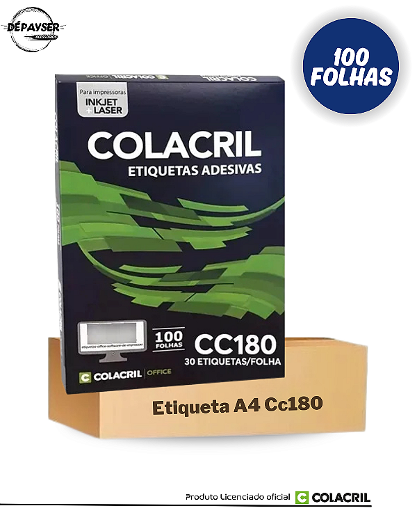 Etiqueta Impressora Carta 25,4x66,7mm 100 Fls 30 etiquetas por folha Cc180 Colacril Cor BrancoQ