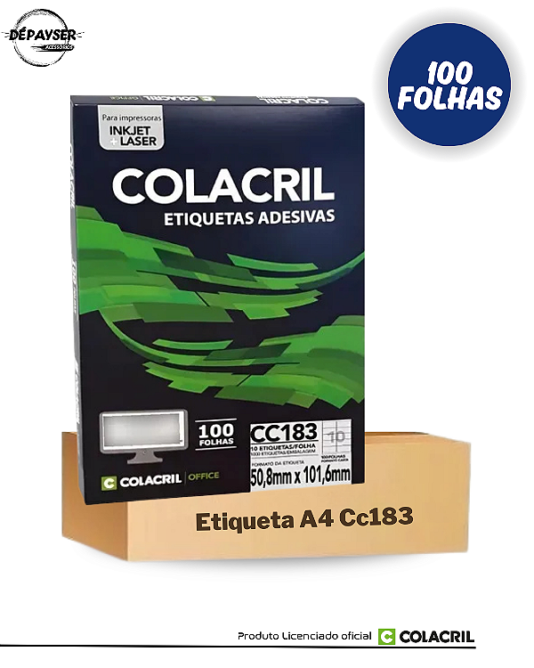 Etiqueta Impressora Carta 50,8x101,6mm 100 Fls 10 etiquetas por folha Cc183 Colacril Cor Branco