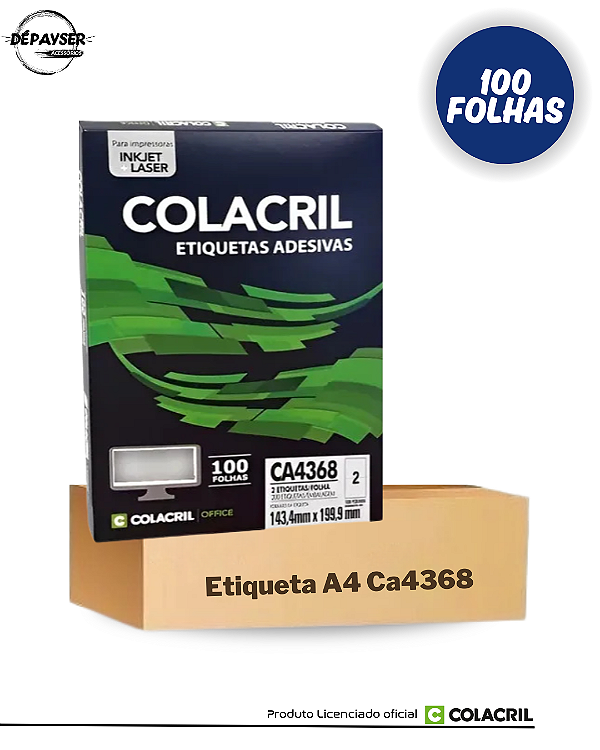 Etiqueta Adesiva A4 143,4x199,9mm 100 Fls 2 etiquetas por folha Ca4368 Colacril Branco