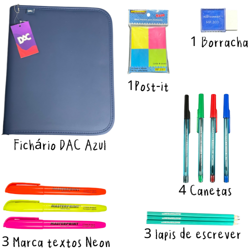 Kit Escolar Completo Fichário Dac + Canetas + Post-it
