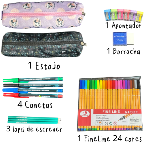 Kit Escolar Básico Com Estojo Minnie Ou Gamer + Fine Line