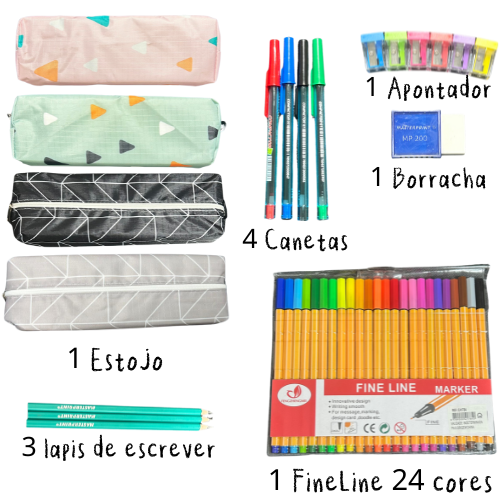 Kit Escolar Básico Com Estojo Estampado Linhas + Fine Line