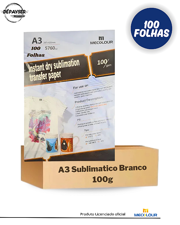 Papel Sublimático A3 Mecolour Branco Pacote C/100 Folhas