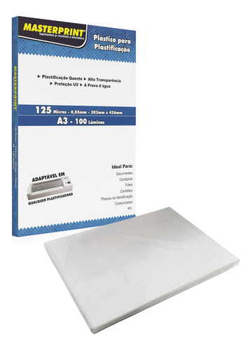MP-PLASTIFICACAO A3 100 FOLHAS 125MICRAS 0,05 ESPESSURA DER 4