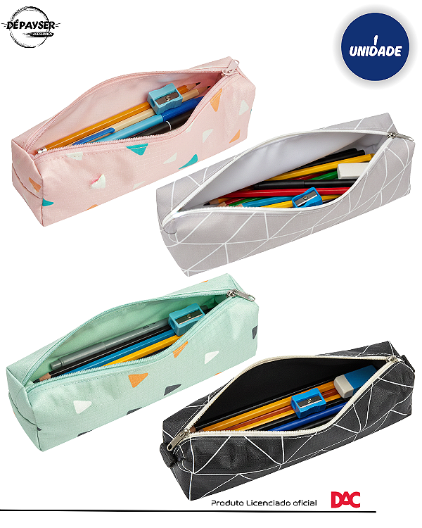 Estojo Escolar Simples Tecido Riscos Triângulos Cinza Preto Rosa Verde DAC