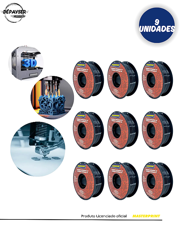 Kit 9 Filamentos PETG Preto 1.75mm 1kg Masterprint para Impressora 3D – Alta Resistência
