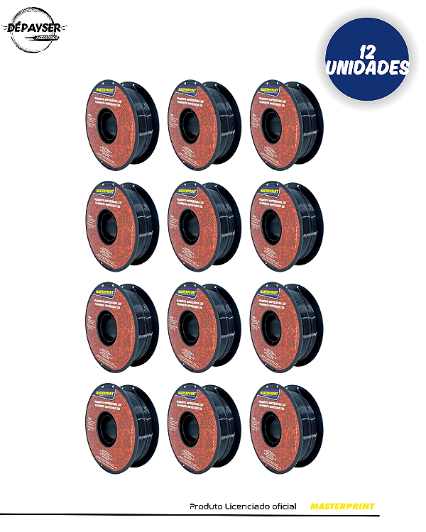 Kit 12 Filamentos PETG Preto 1.75mm 1kg Masterprint para Impressora 3D – Alta Resistência