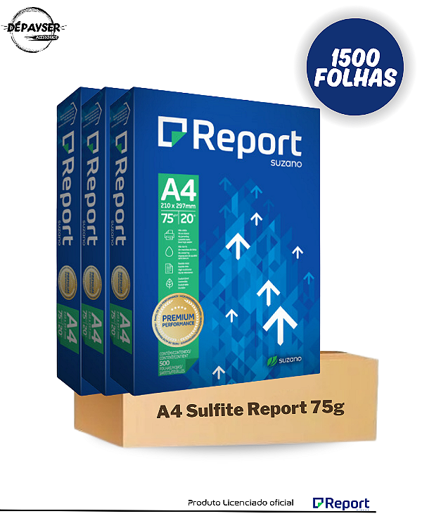 Papel Sulfite A4 Report Branco 75g Suzano- 1500 Folhas