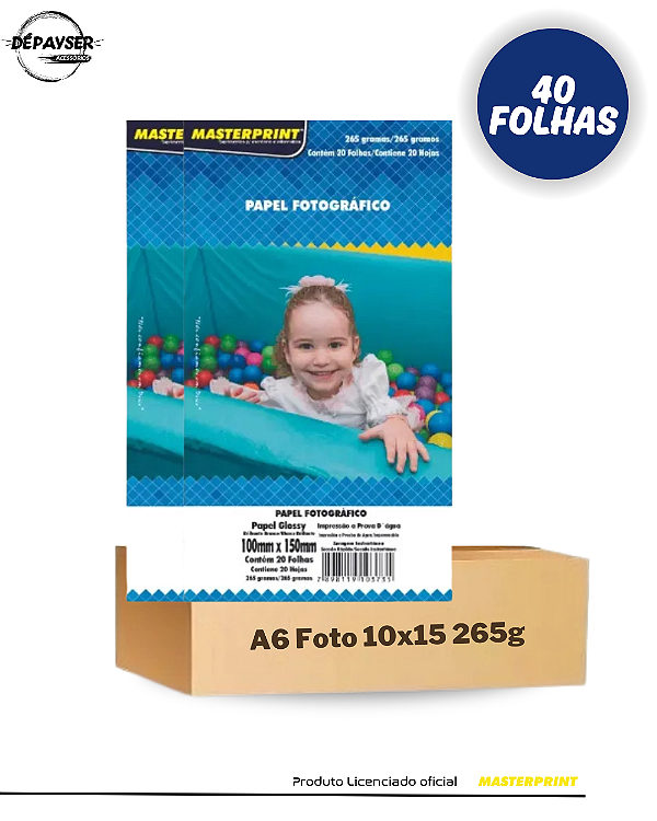 Papel Fotográfico Glossy 10x15cm A6 265g Branco Brilhante - 40 Folhas