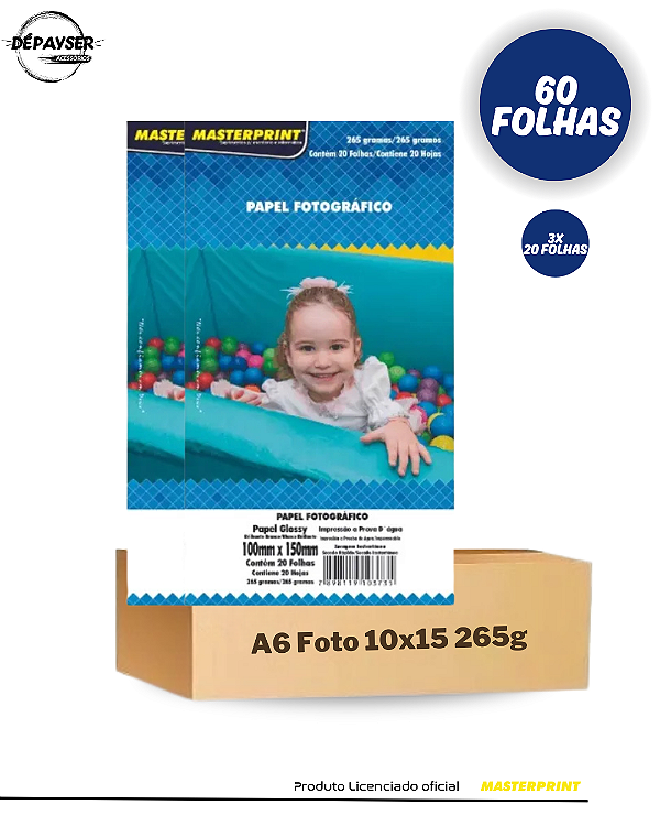 Papel Fotográfico Glossy 10x15cm A6 265g Branco Brilhante - 60 Folhas
