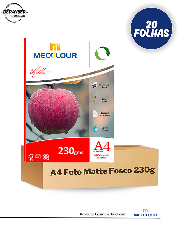 Papel Fotográfico A4 Matte Fosco 230g Mecolour 20 Folhas À Prova D´água
