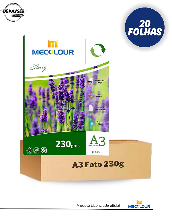 Papel Fotográfico A3 Glossy 230g Mecolour 20 Folhas À Prova D´água