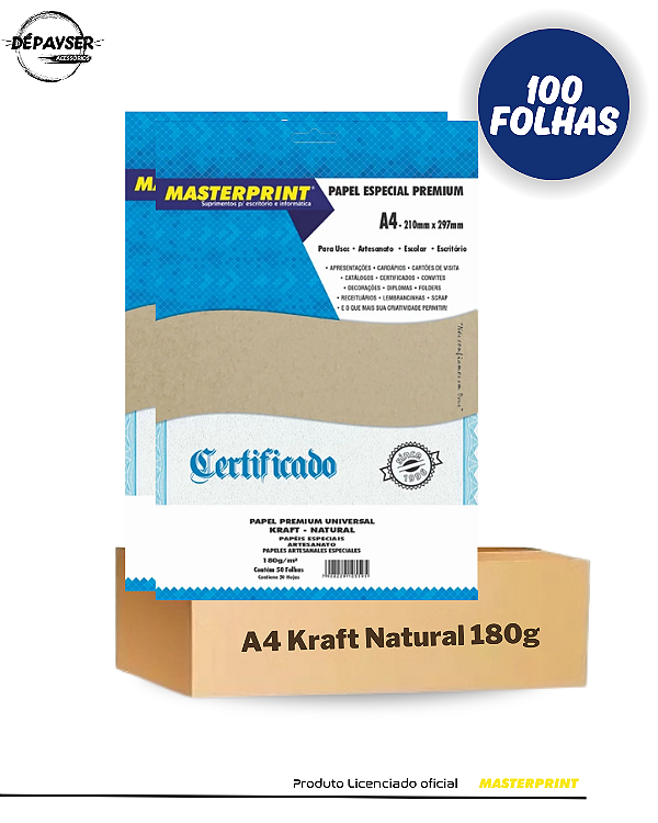 Papel Kraft Natural A4 180g 100 Folhas p/ Impressão Masterprint Premium