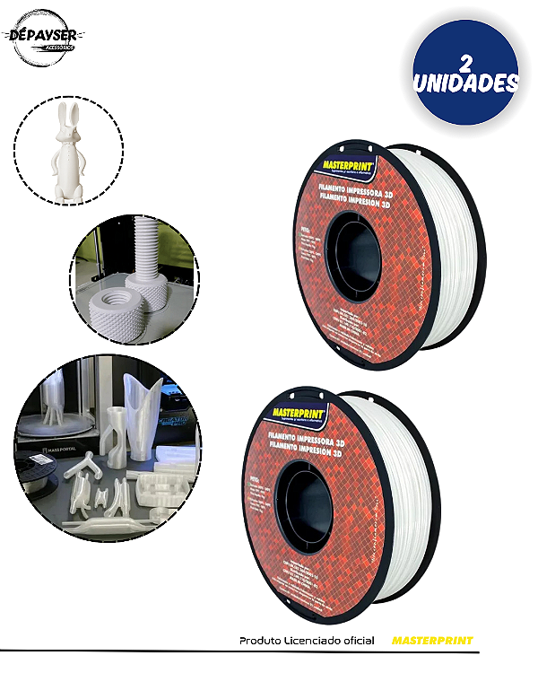 Kit 2 Filamentos PETG Branco 1.75mm 1kg Masterprint para Impressora 3D – Alta Resistência