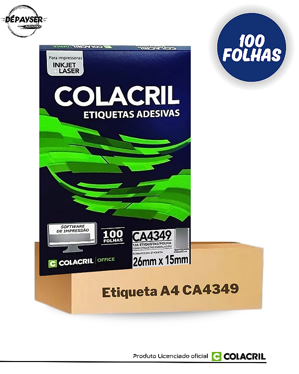 Etiqueta Adesiva A4 Colacril CA4349 (26x15mm) 100 Folhas 126 etiquetas p/ Folha Jato de tinta ou Laser Cor Branca