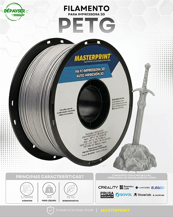 Filamento PETG Prata 1.75mm 1kg para Impressora 3D – Masterprint
