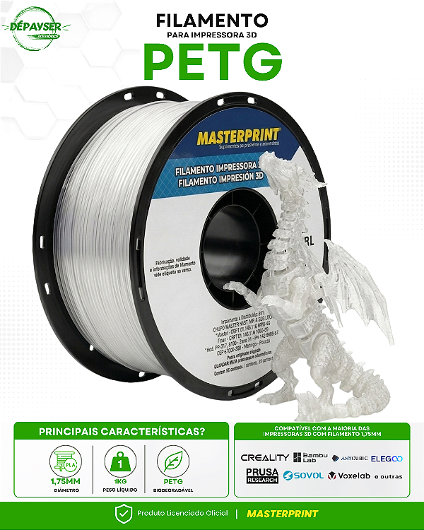 Filamento PETG Transparente 1.75mm 1kg para Impressora 3D – Masterprint