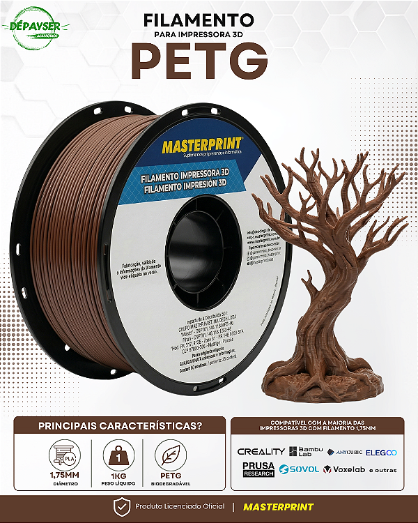 Filamento PETG Marrom 1.75mm 1kg para Impressora 3D – Masterprint