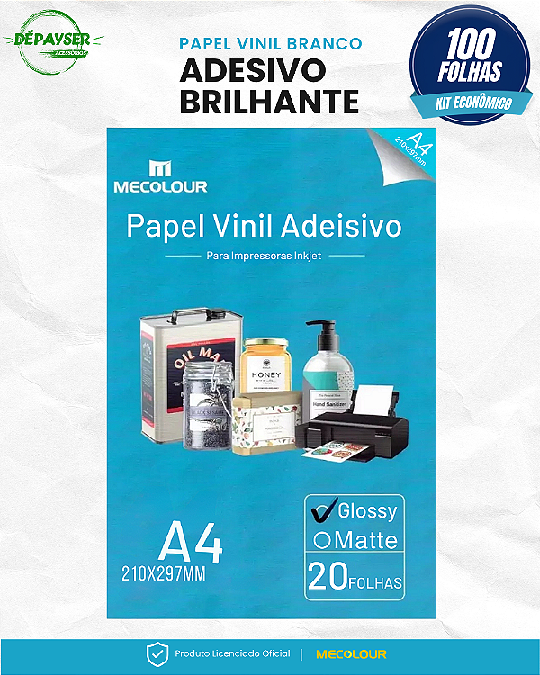 Papel Vinil Adesivo Branco Glossy A4 135g Mecolour 100 Folhas à Prova d’Água para Jato de Tinta